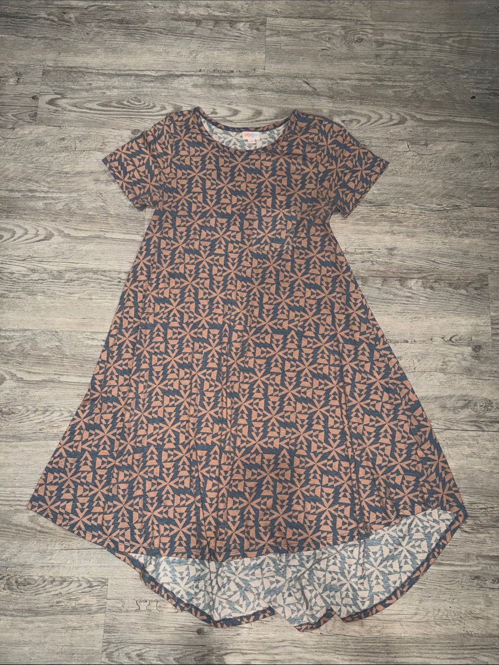 LuLaRoe Blue and Tan Geometric High-Low Dress
